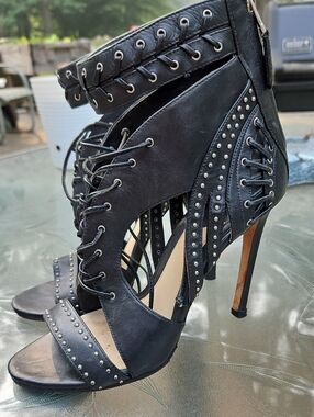 Brian Atwood Black Studded Lace-Up High Heel Sandals